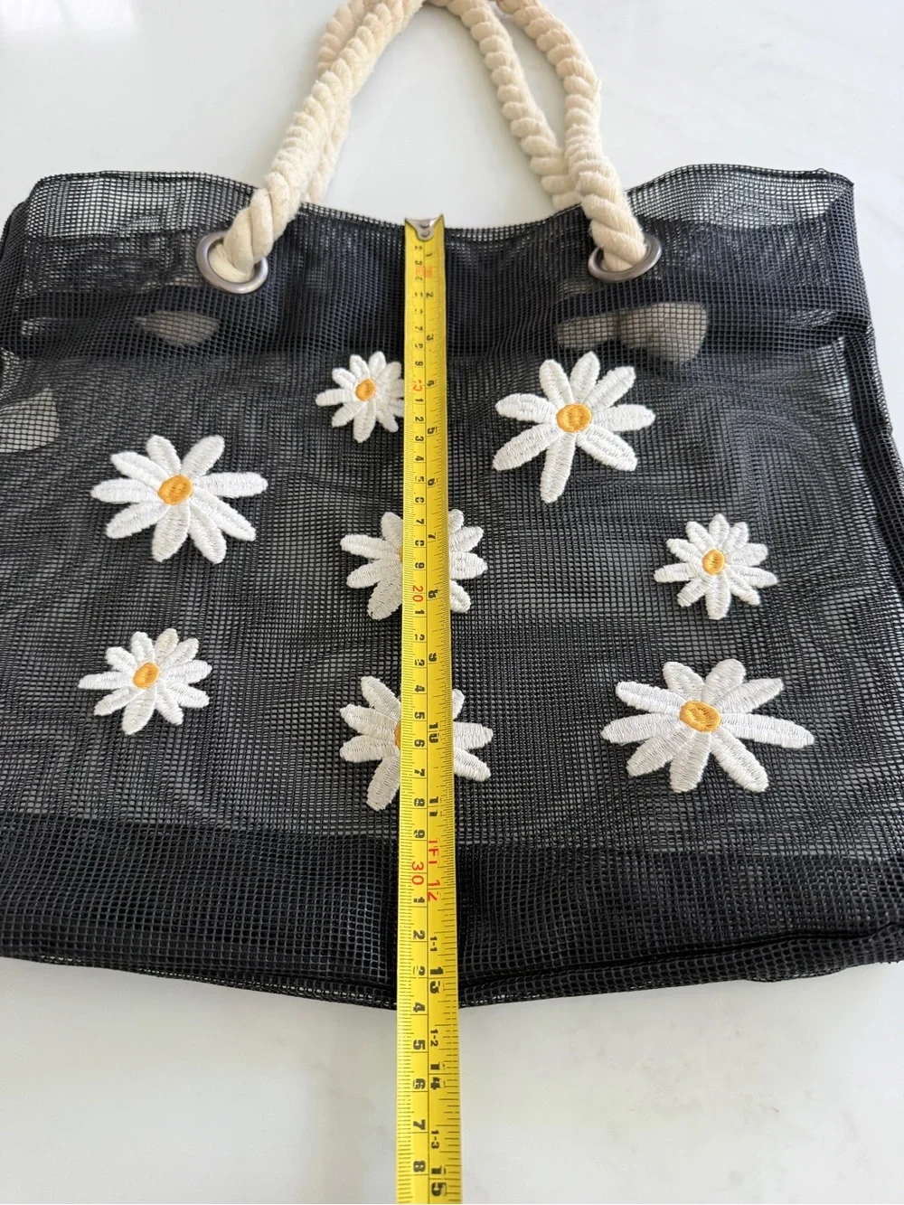 Art Class black Mesh Tote Bag see through white yellow Daisy rope handles